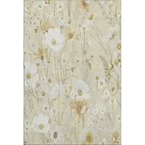 Photo of Wheat And Ivory Floral Washable Area Rug With UV Protection