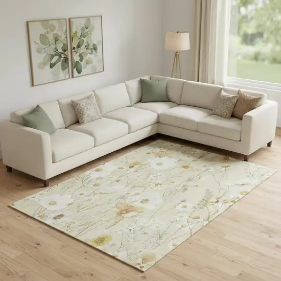 Wheat And Ivory Floral Washable Area Rug With UV Protection Photo 2