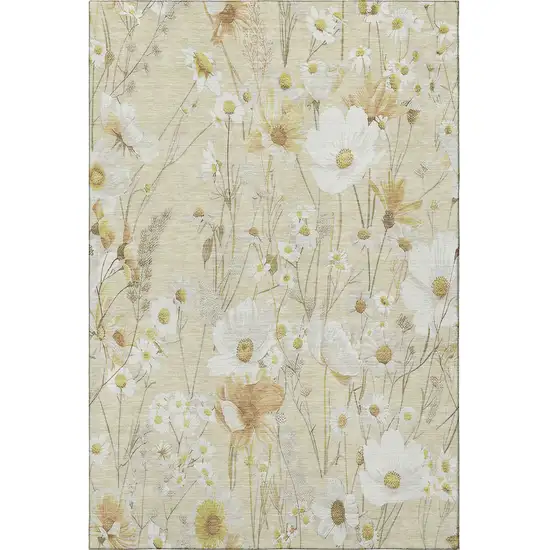 Wheat And Ivory Floral Washable Area Rug With UV Protection Photo 3
