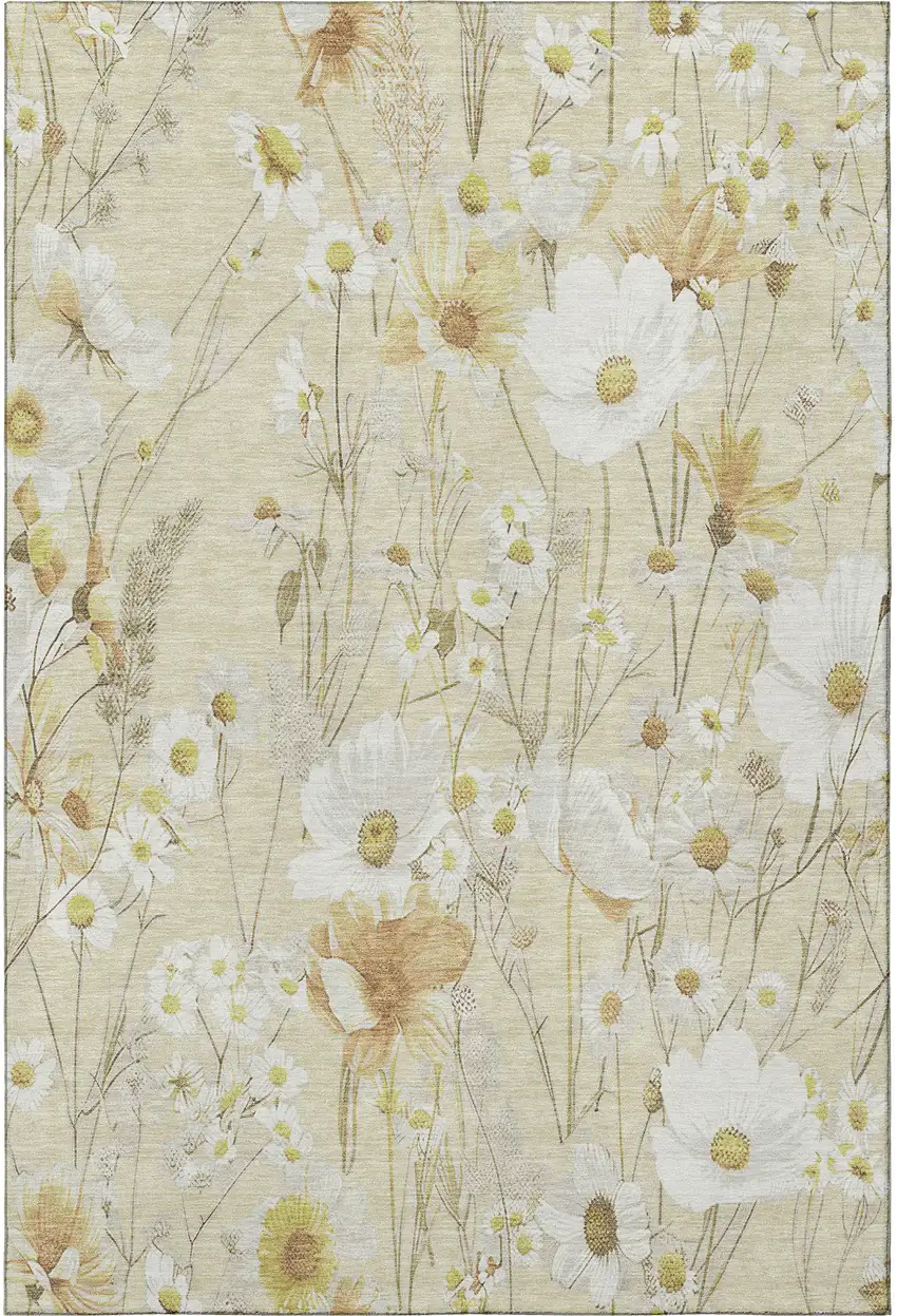 Wheat And Ivory Floral Washable Area Rug With UV Protection Photo 2