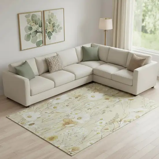 Wheat And Ivory Floral Washable Area Rug With UV Protection Photo 2