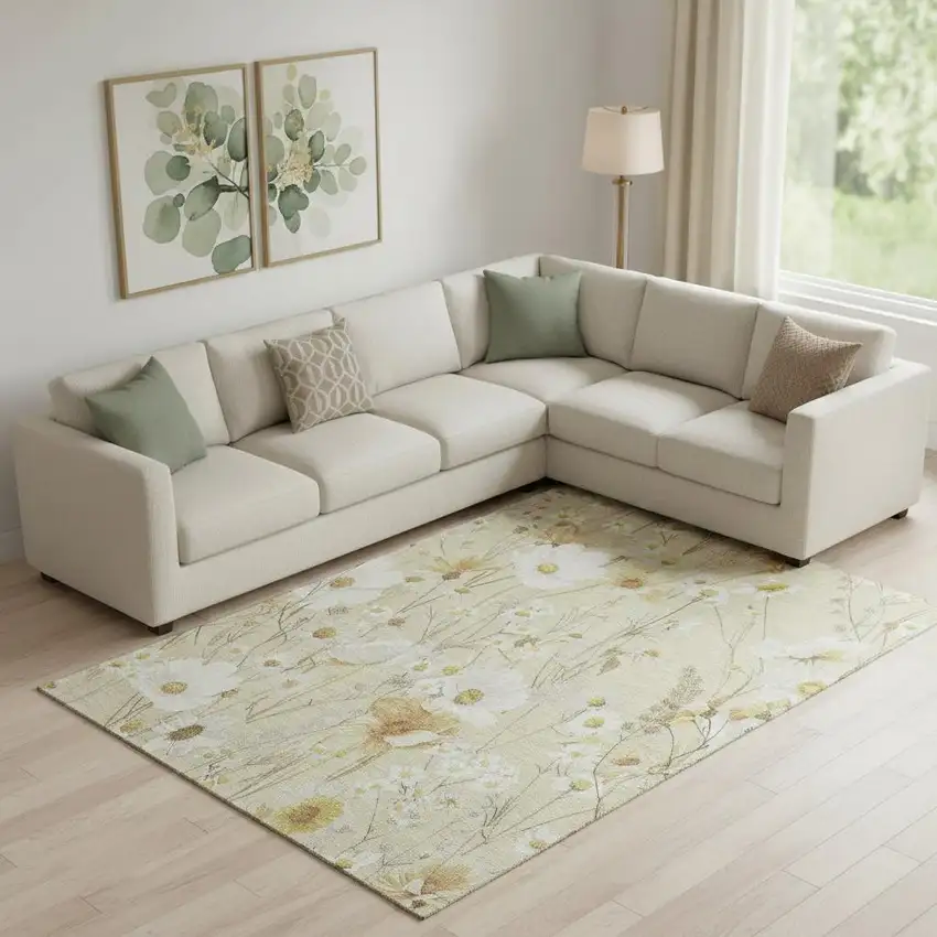 Wheat And Ivory Floral Washable Area Rug With UV Protection Photo 2