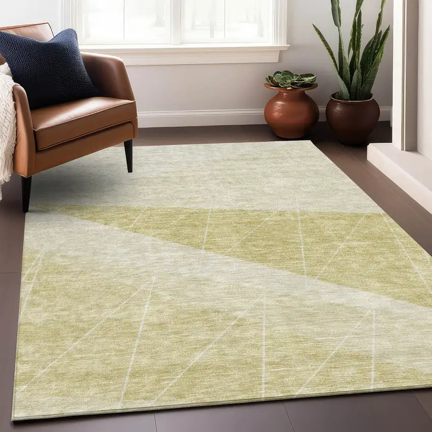 Wheat And Ivory Geometric Washable Area Rug With UV Protection Photo 5