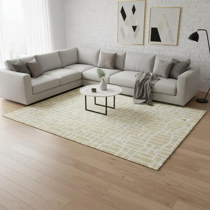 Wheat And Ivory Geometric Washable Area Rug With UV Protection Photo 2