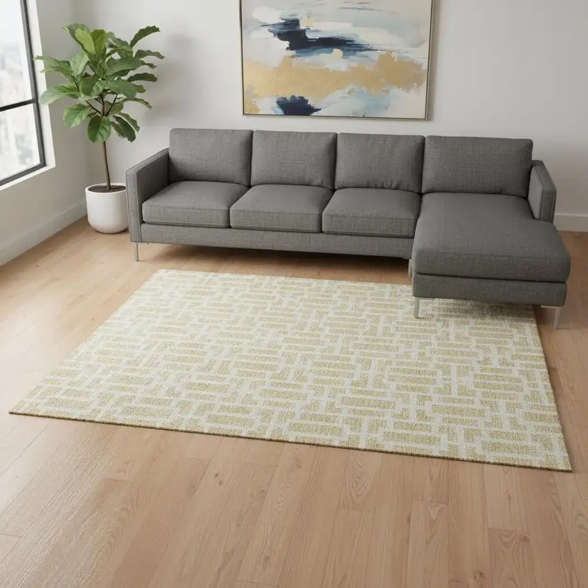 Wheat And Ivory Geometric Washable Area Rug With UV Protection Photo 2