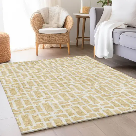 Wheat And Ivory Geometric Washable Area Rug With UV Protection Photo 5