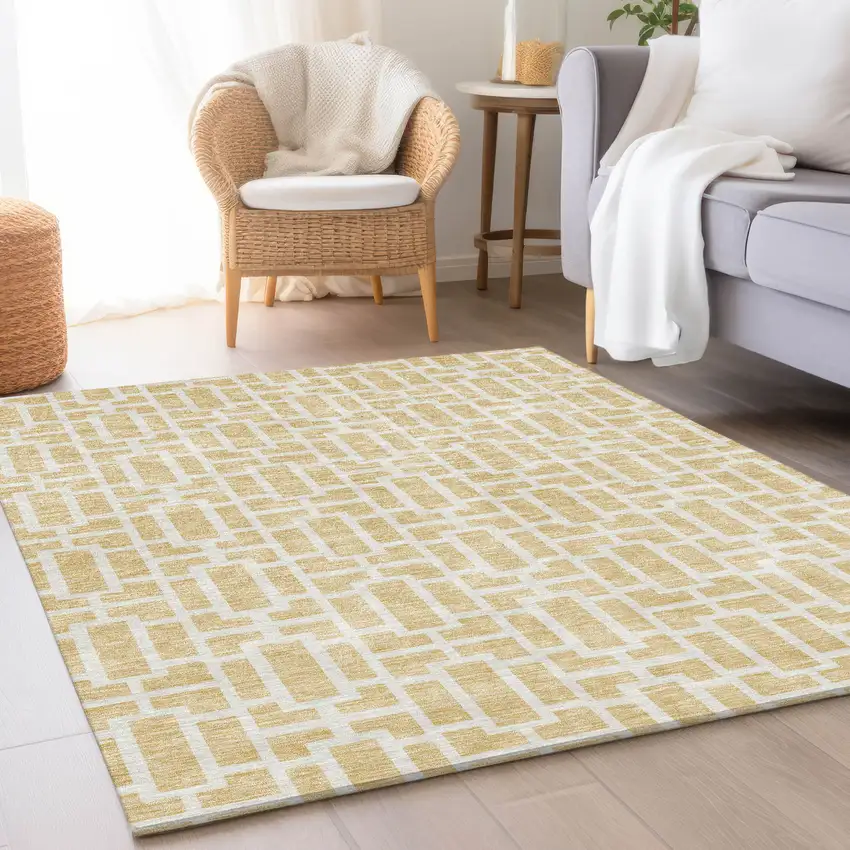 Wheat And Ivory Geometric Washable Area Rug With UV Protection Photo 5