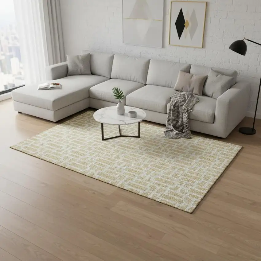 Wheat And Ivory Geometric Washable Area Rug With UV Protection Photo 2