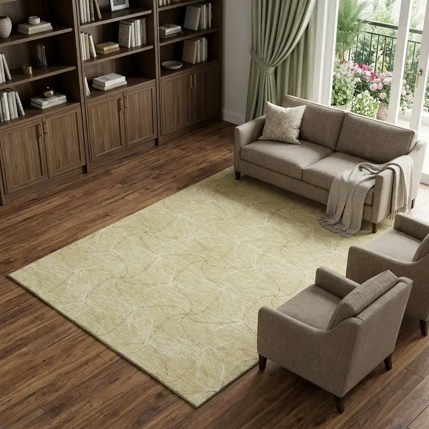 Wheat And Ivory Geometric Washable Area Rug With UV Protection Photo 1