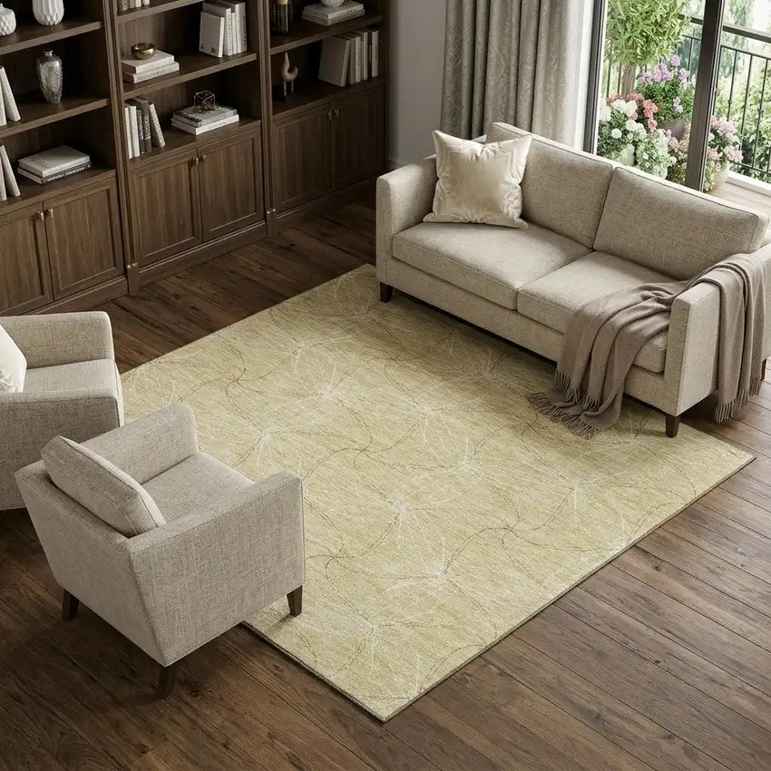 Wheat And Ivory Geometric Washable Area Rug With UV Protection Photo 1