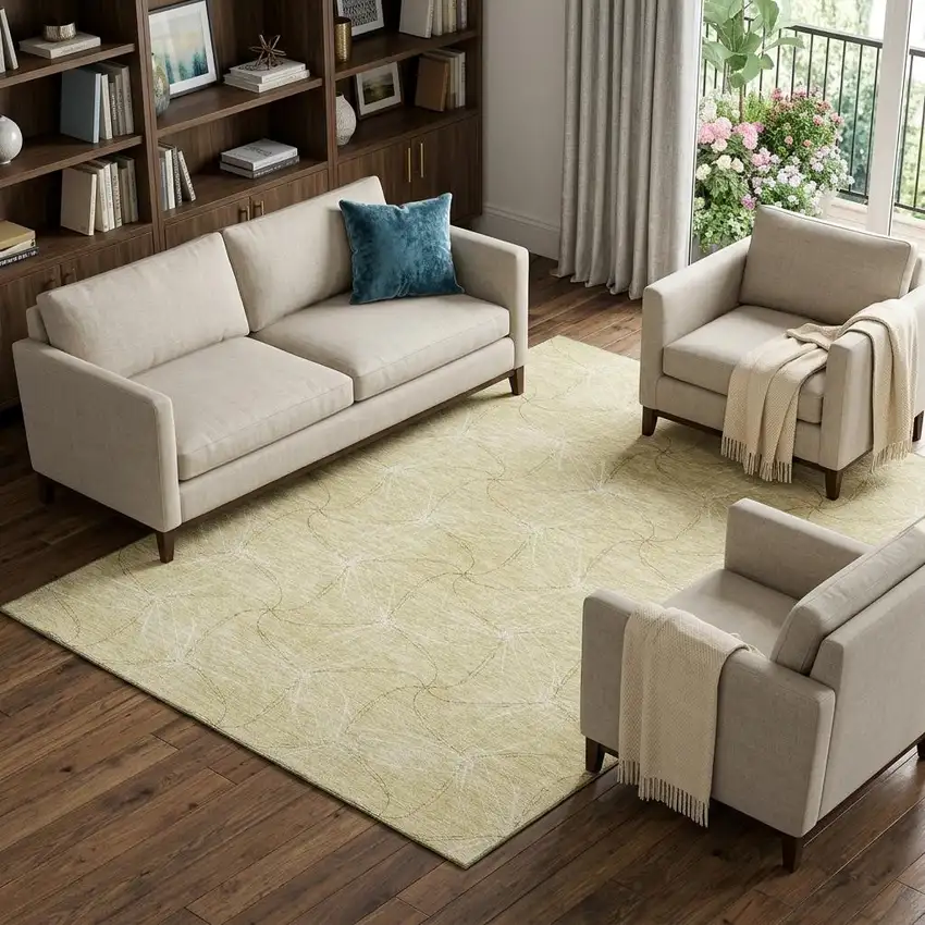 Wheat And Ivory Geometric Washable Area Rug With UV Protection Photo 1