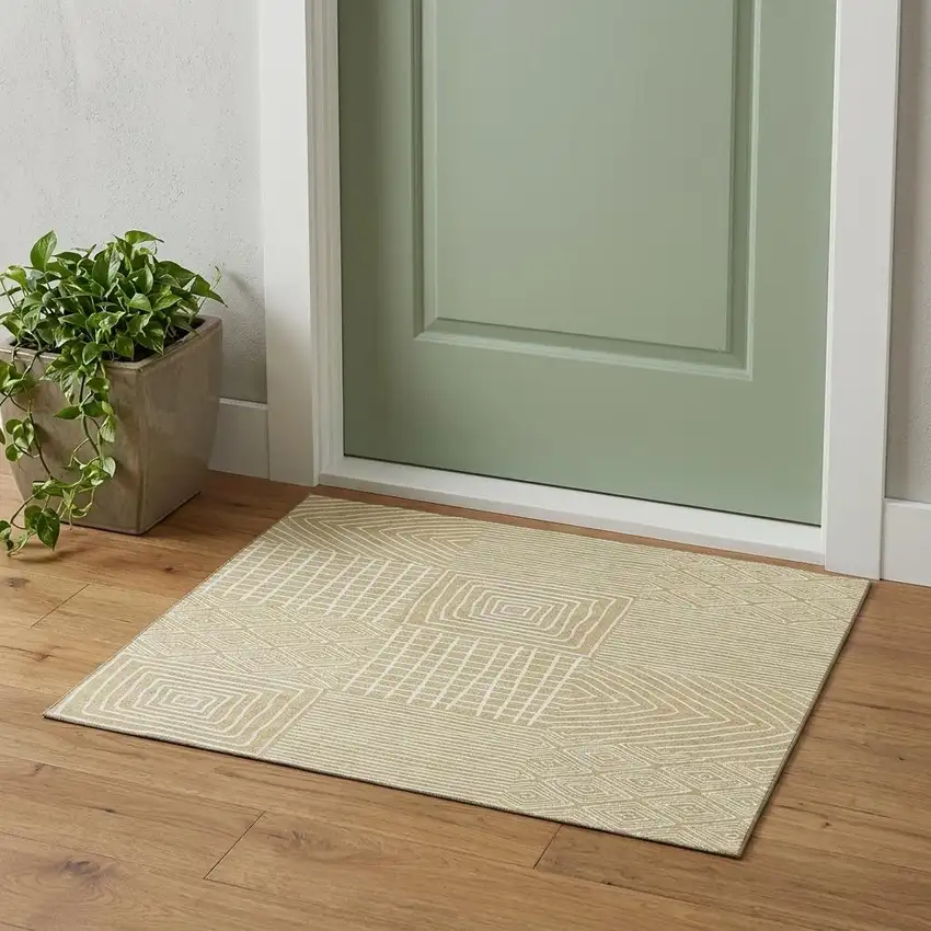 Wheat And Ivory Geometric Washable Area Rug With UV Protection Photo 1
