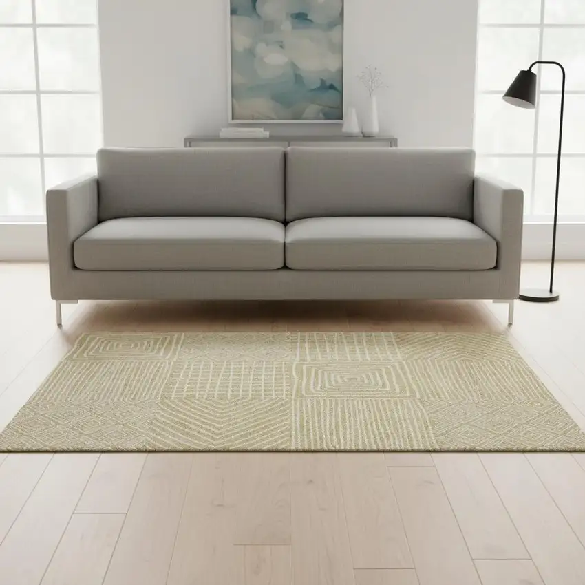 Wheat And Ivory Geometric Washable Area Rug With UV Protection Photo 2