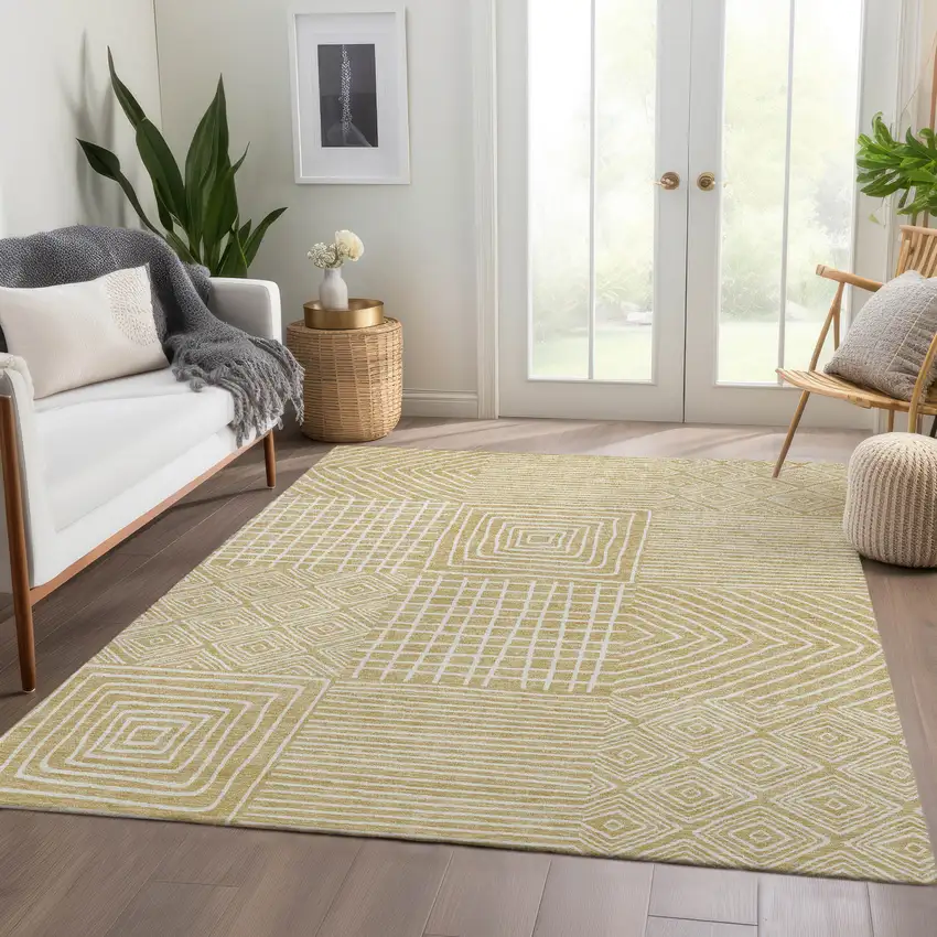 Wheat And Ivory Geometric Washable Area Rug With UV Protection Photo 5