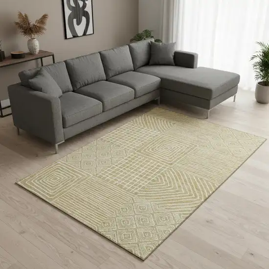 Wheat And Ivory Geometric Washable Area Rug With UV Protection Photo 2