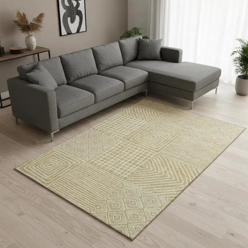 Wheat And Ivory Geometric Washable Area Rug With UV Protection Photo 2