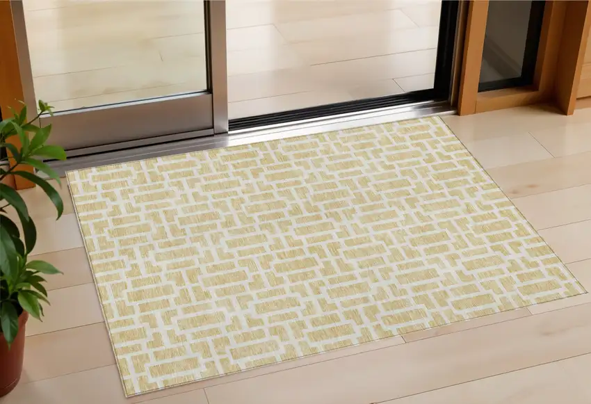 Wheat And Ivory Geometric Washable Indoor Outdoor Area Rug Photo 1