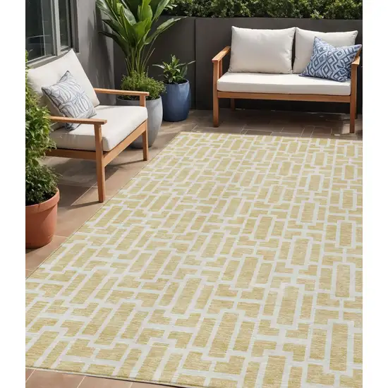 Wheat And Ivory Geometric Washable Indoor Outdoor Area Rug Photo 1