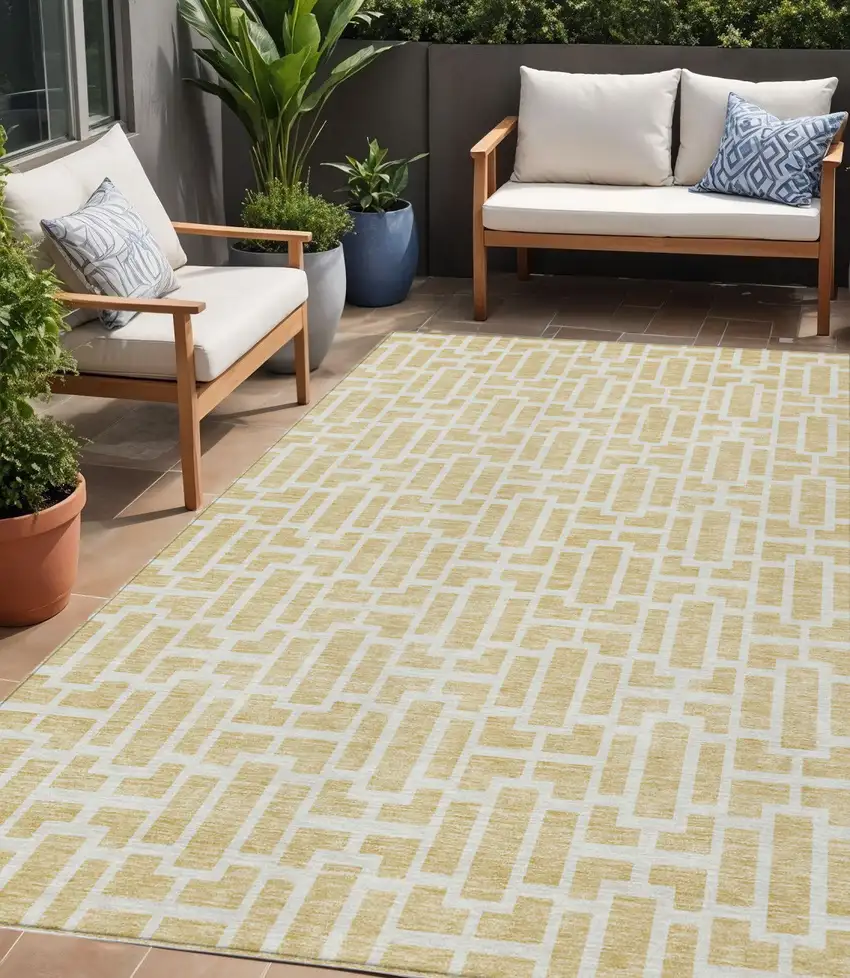 Wheat And Ivory Geometric Washable Indoor Outdoor Area Rug Photo 1