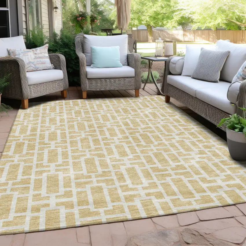 Wheat And Ivory Geometric Washable Indoor Outdoor Area Rug Photo 8