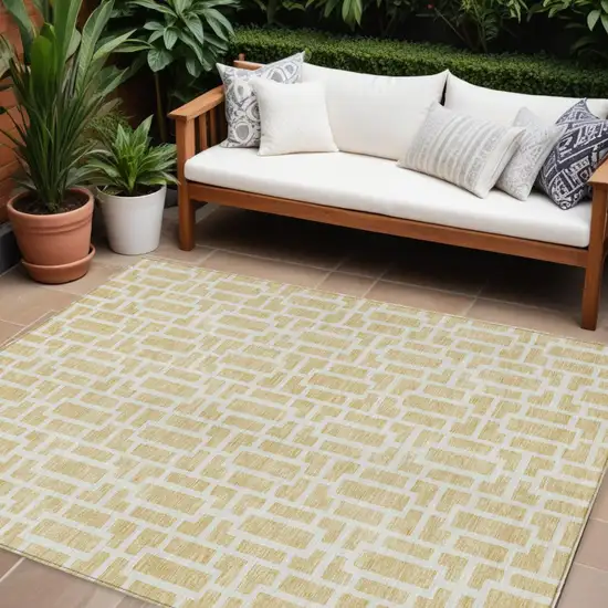 Wheat And Ivory Geometric Washable Indoor Outdoor Area Rug Photo 1