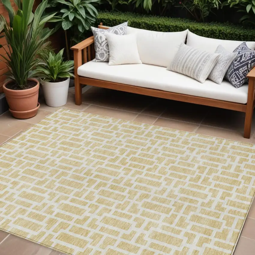 Wheat And Ivory Geometric Washable Indoor Outdoor Area Rug Photo 1