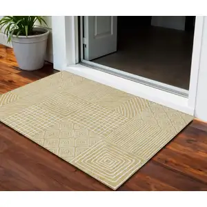 Photo of Wheat And Ivory Geometric Washable Indoor Outdoor Area Rug