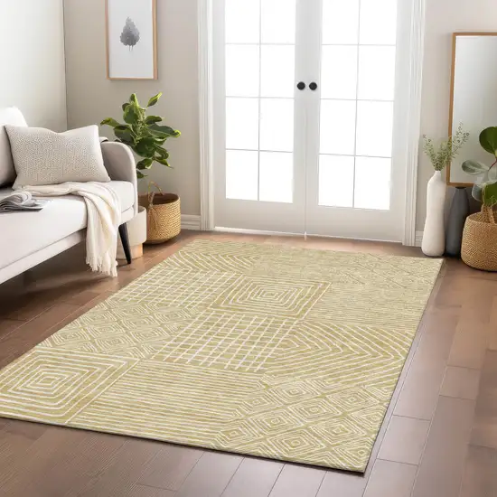 Wheat And Ivory Geometric Washable Indoor Outdoor Area Rug Photo 9