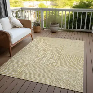 Photo of Wheat And Ivory Geometric Washable Indoor Outdoor Area Rug