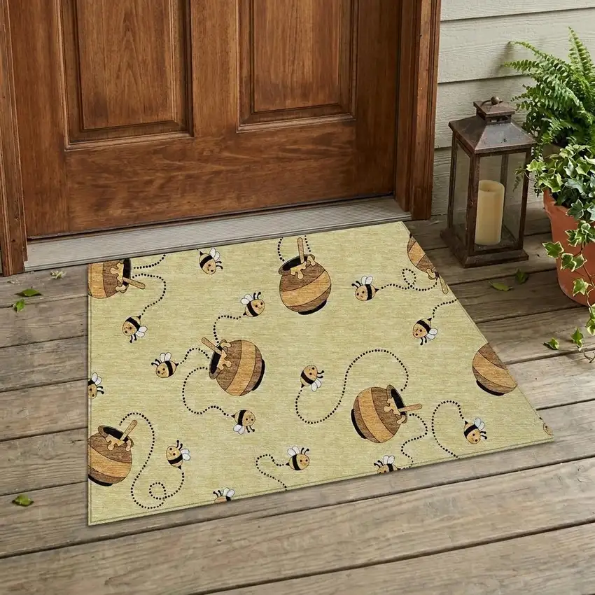 Wheat And Ivory Geometric Washable Indoor Outdoor Area Rug Photo 1