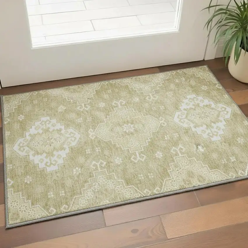 Wheat And Ivory Medallion Washable Area Rug With UV Protection Photo 2