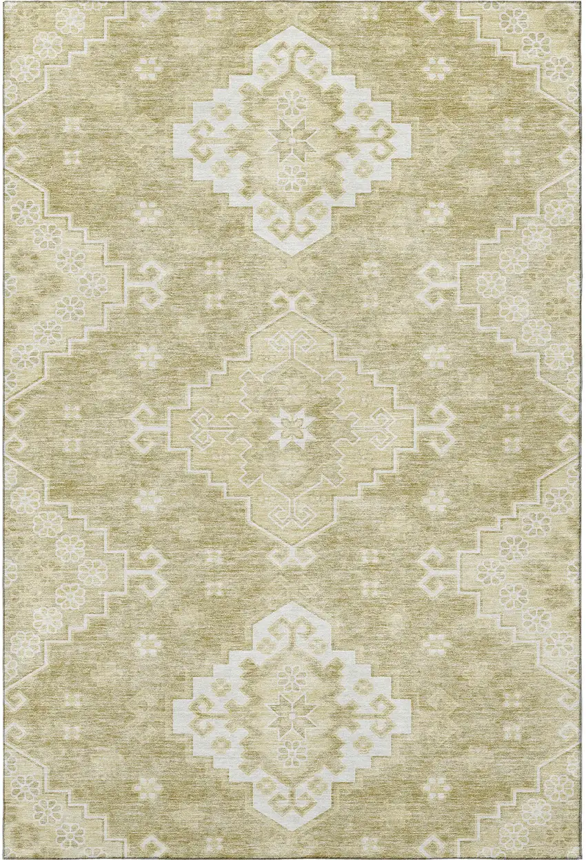 Wheat And Ivory Medallion Washable Area Rug With UV Protection Photo 4