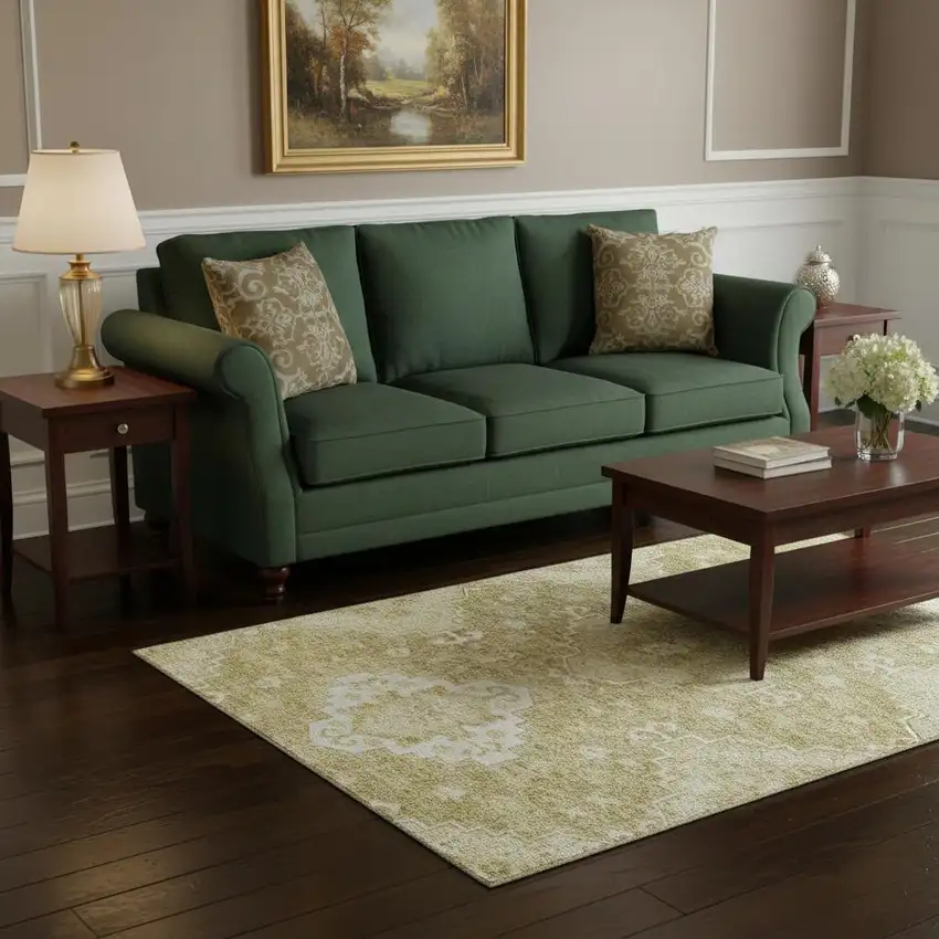 Wheat And Ivory Medallion Washable Area Rug With UV Protection Photo 2