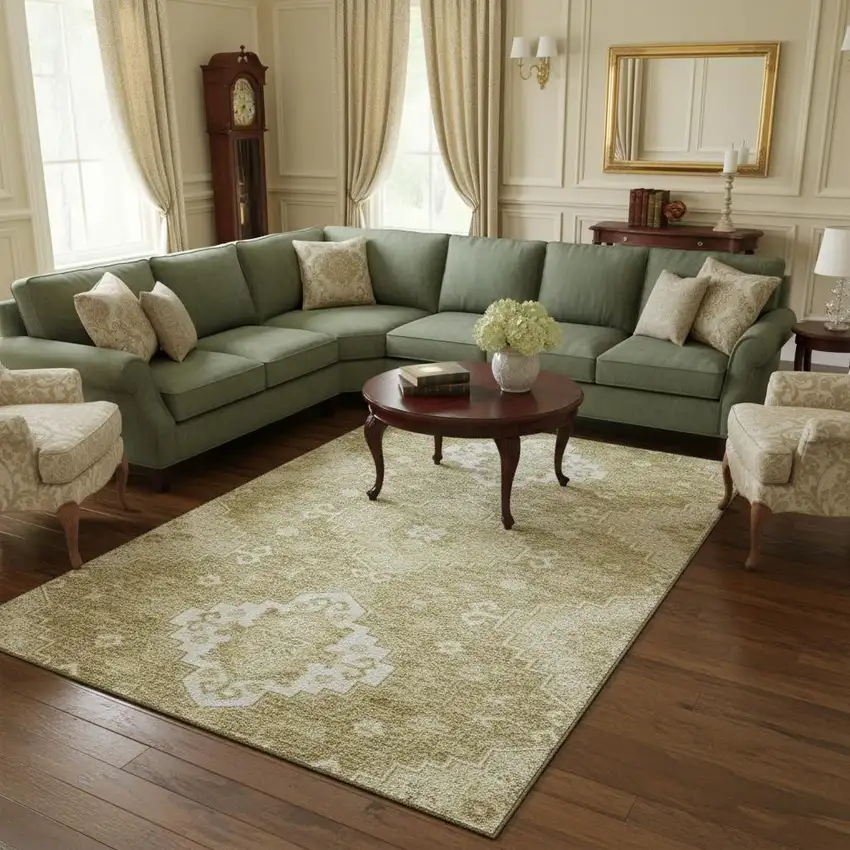 Wheat And Ivory Medallion Washable Area Rug With UV Protection Photo 2