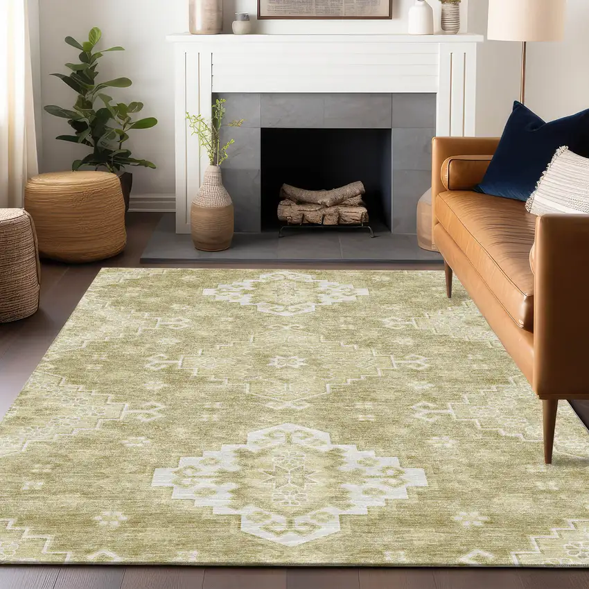 Wheat And Ivory Medallion Washable Area Rug With UV Protection Photo 6