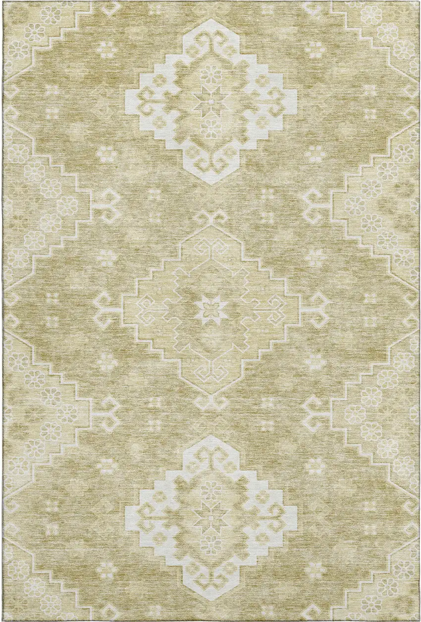 Wheat And Ivory Medallion Washable Area Rug With UV Protection Photo 1