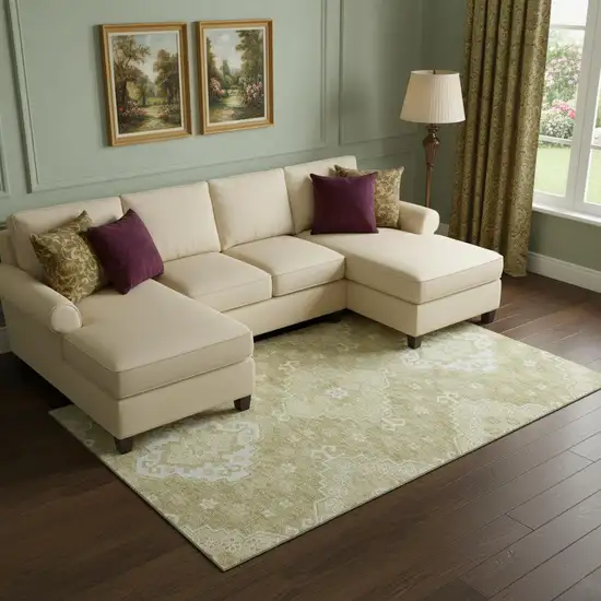 Wheat And Ivory Medallion Washable Area Rug With UV Protection Photo 1