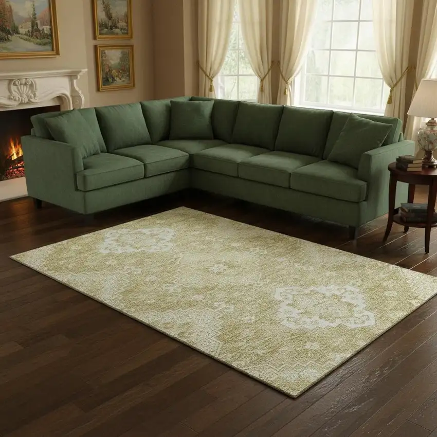 Wheat And Ivory Medallion Washable Area Rug With UV Protection Photo 2