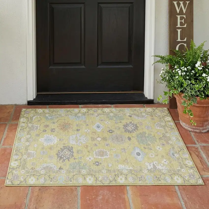 Wheat And Ivory Oriental Washable Indoor Outdoor Area Rug Photo 1
