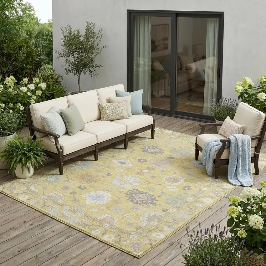 Wheat And Ivory Oriental Washable Indoor Outdoor Area Rug Photo 1