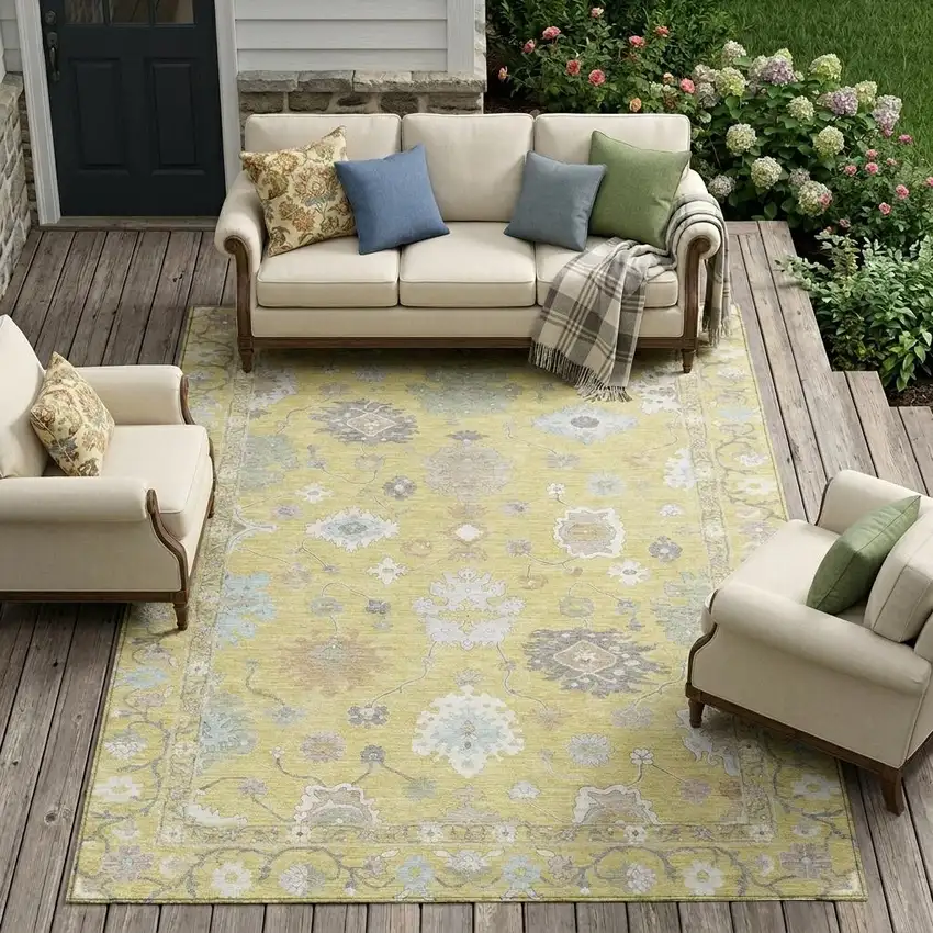 Wheat And Ivory Oriental Washable Indoor Outdoor Area Rug Photo 1