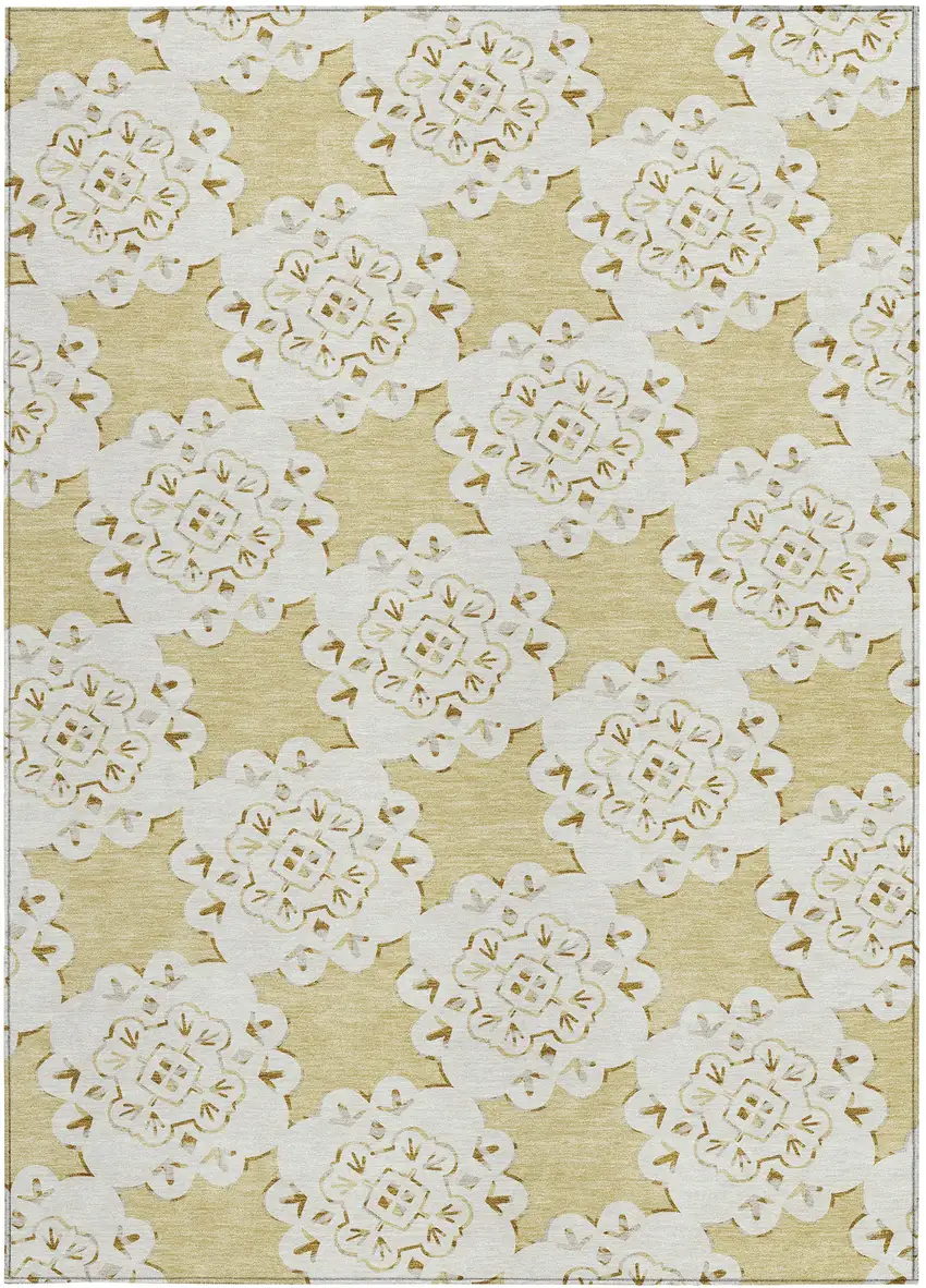 Wheat And Ivory Quatrefoil Washable Indoor Outdoor Area Rug Photo 4