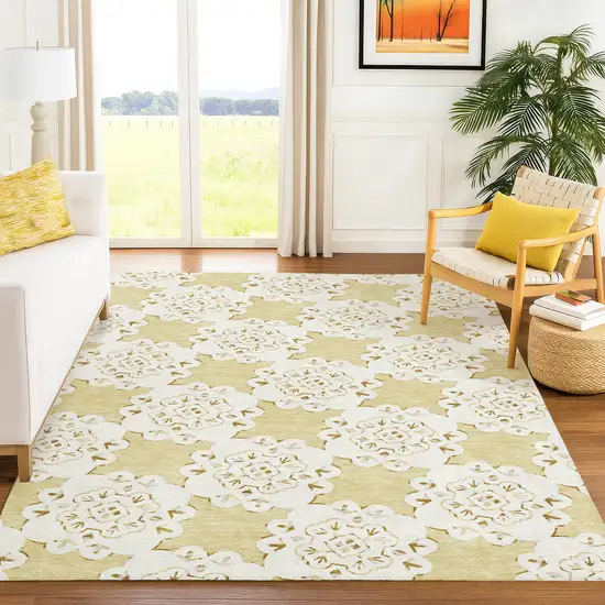 Wheat And Ivory Quatrefoil Washable Indoor Outdoor Area Rug Photo 6