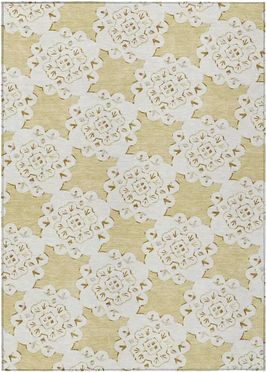 Wheat And Ivory Quatrefoil Washable Indoor Outdoor Area Rug Photo 1