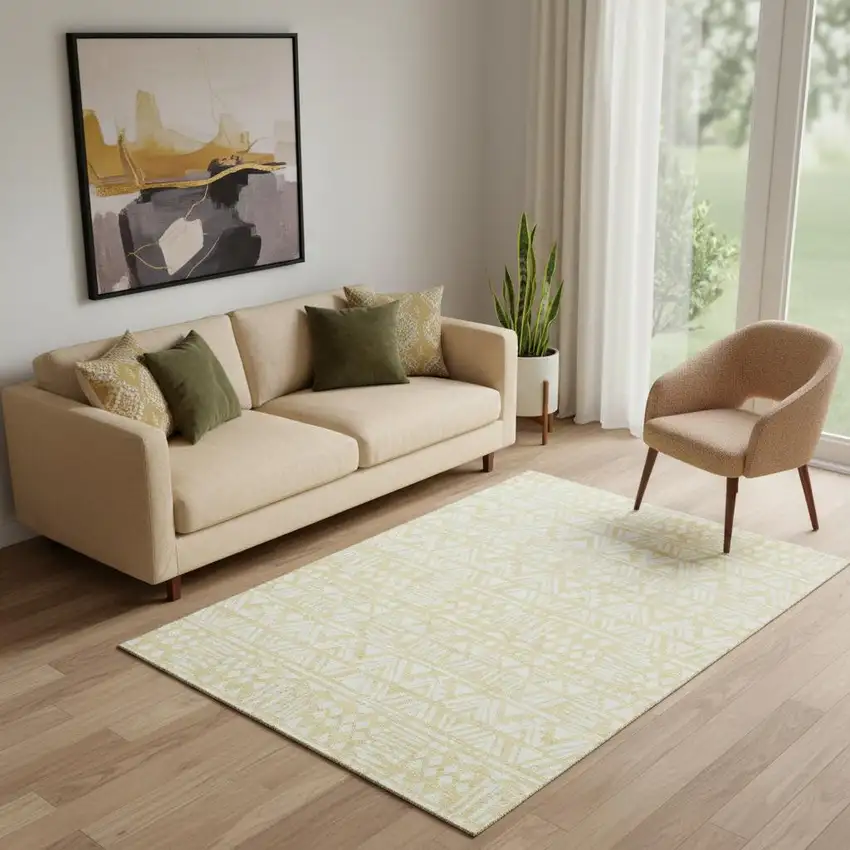 Wheat And Ivory Southwestern Washable Area Rug With UV Protection Photo 1