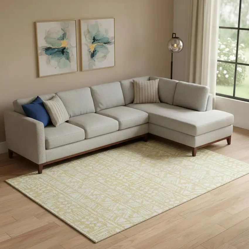 Wheat And Ivory Southwestern Washable Area Rug With UV Protection Photo 1