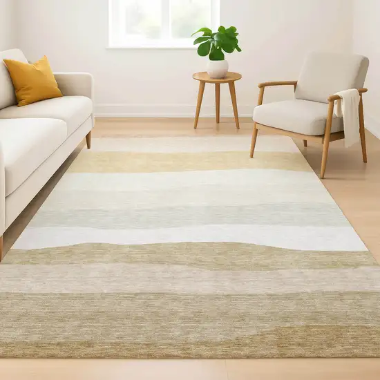 Wheat And Ivory Striped Washable Area Rug With UV Protection Photo 4