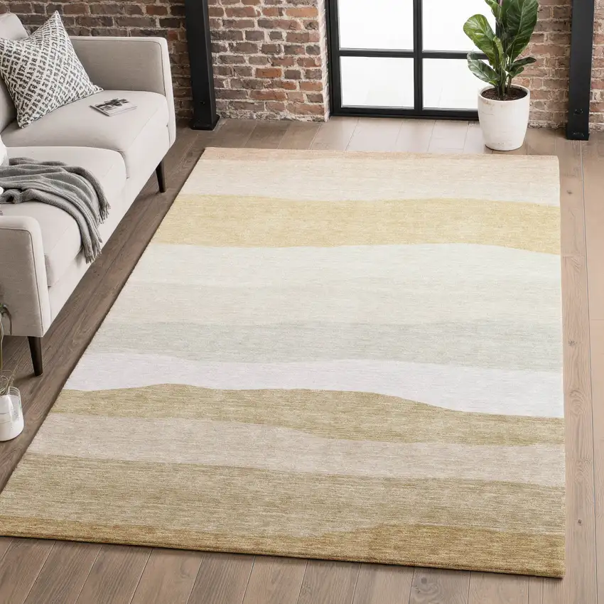 Wheat And Ivory Striped Washable Area Rug With UV Protection Photo 3