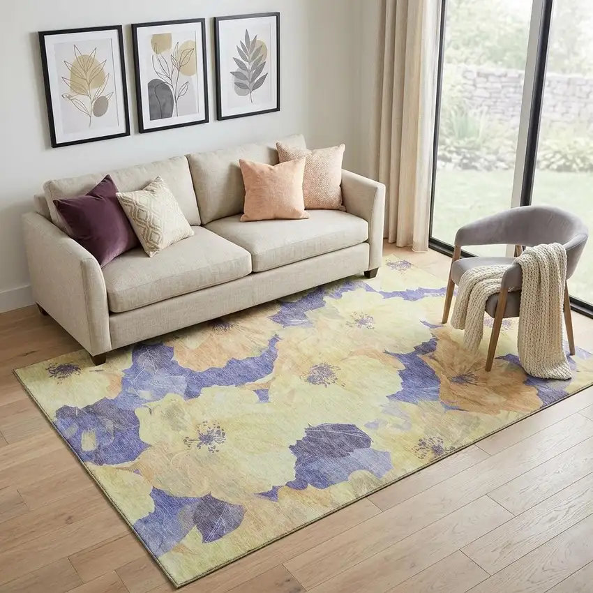 Wheat And Lavender Floral Washable Area Rug With UV Protection Photo 1