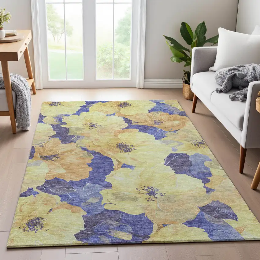 Wheat And Lavender Floral Washable Area Rug With UV Protection Photo 5